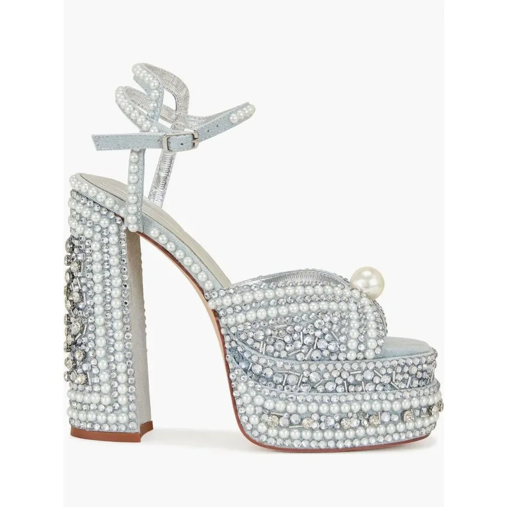 Azalea Wang SomethingBlue Pearl and Rhinestone Ornamented  Sandals NWT $170
